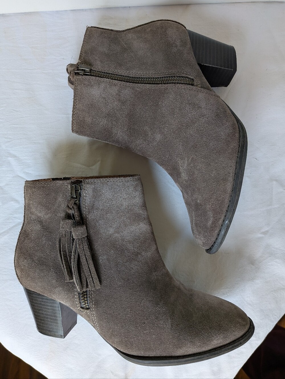 Vionic Madeline Greige Suede Tassel Zipper Detail Block Heel Ankle Boot